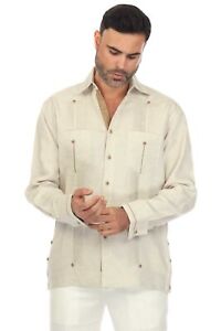 Mojito Men's 100% Linen Guayabera Chacabana Shirt Long Sleeve with Contrast Acce