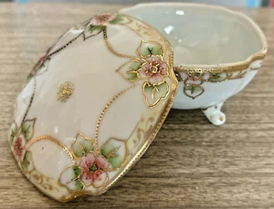 Vintage Ciotola portagioie giapponese Nippon dipinta a mano fiori di ciliegio con coperchio porcellana - Foto 1 di 10
