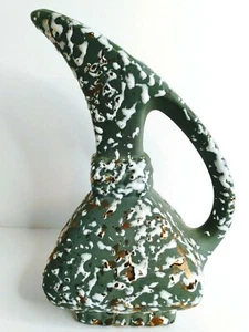 MCM Vintage Splatter Pitcher/ Ewer/Vase Green with White & Gold 7 1/2" - Picture 1 of 10