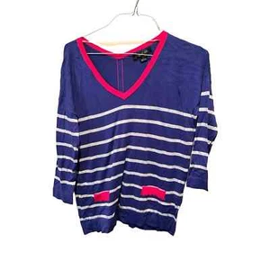 August Silk Blouse Top Womens Medium Purple White Striped V-Neck Casual Pullover - Picture 1 of 4