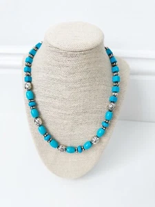NWT Genuine Turquoise & Silver Plated Bead Necklace Beaded Blue Silver - Picture 1 of 6