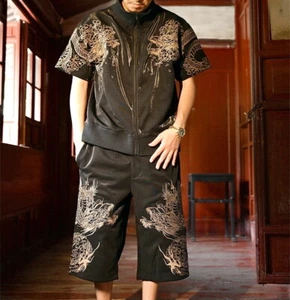 Mens Dragon Embroidery Zip T-Shirt & 3/4 Length Shorts Set Japanese Style Unisex - Picture 1 of 45