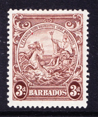 BARBADOS 1938 SG252a 3d marrón P131/2x13 variedad línea por cabeza de caballo v/l/m cv£150 Foto 1 de 2