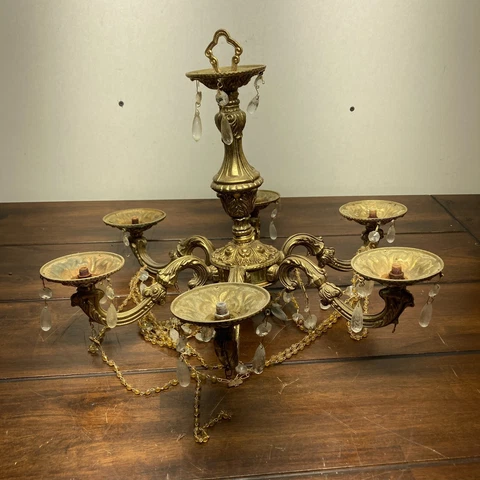 Antique Vintage French Brass Chandelier with Prisms & 6 Arms *NEEDS WIRING* Cover