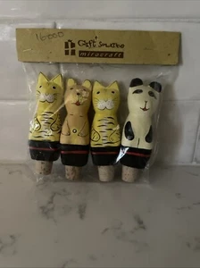 Katze handbemalt Holz mit Korken Flaschenstopfen 4er Set aus Indonesien Neu in Verpackung - Bild 1 von 4