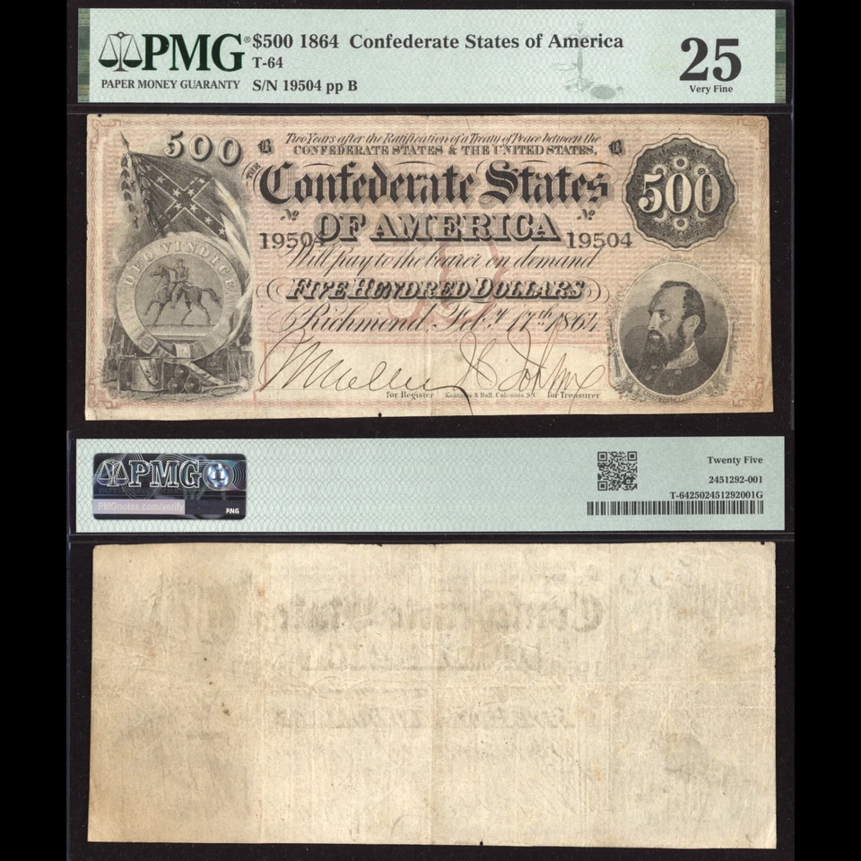 Confederado 1864 $500 - Fr. T-64 - PMG 25 Foto 1 de 3