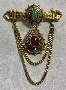 Vintage Chatelaine Style Brooch Pin with Jade-Colored and Rust-colored Cabochons - Picture 1 of 11