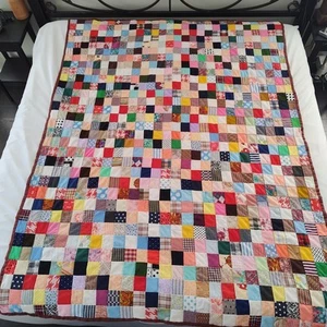 Vintage Handsewn Patchwork Quilt 81x62 Handmade Multi Colored Material Cabin Bed - Picture 1 of 24