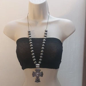 Collana dichiarazione perle tono argento brunito ciondolo croce grande art deco - Foto 1 di 7