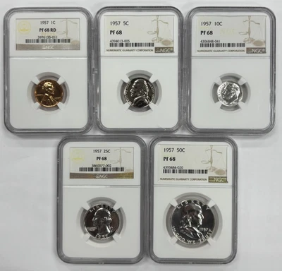 1957 1C, 5C, 10C, 25C, & 50C 5-piece Proof Set NGC PF 68 - Image 1 of 4