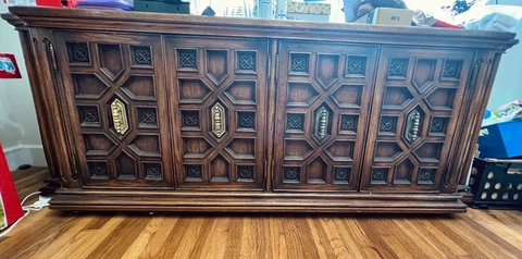 Vintage Spanish Oak Dresser Chest Of Drawers Low 6 Drawer Double Door Carved Cover