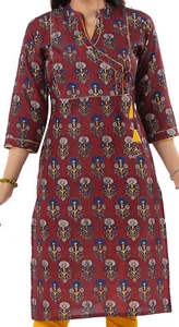 Embellished with Gota Laces Cotton Maroon Kurti Tunic Kurta Shirt Dress CP307 - Picture 1 of 8