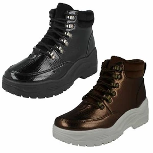 Damen F4R437 Winter Schnürer Plateau Grob Stiefeletten Von Spot On Ausverkauf - Bild 1 von 17
