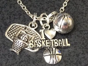 I Love Basketball große Rückwand Anhänger Tibetisches Silber 18" Halskette - Bild 1 von 2