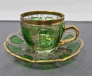 Moser Type Green Cut to Clear Cabochon & Gilt Vermicelli Demitasse Cup & Saucer - Picture 1 of 18