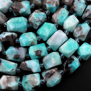 Large Natural Blue Amazonite Smoky Quartz Rectangle Nugget Beads 15.5" Strand