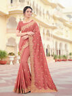 Peach Heavy Resham Zari Embroidered Sari Designer Party Wear Vichitra Silk Saree