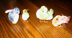 Antique Easter 2 Purple & Gr Chenille chicks, 1 Blue Rabbit & 1 Green chicken - Picture 1 of 9
