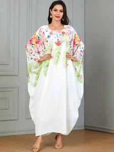 Moroccan Printed Kaftan Muslim Women Maxi Dress Dubai Abaya Loose Batwing Robe - Picture 1 of 14