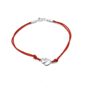 Sterling Silber Armband Herzen massiv punziert 925 mit roter Schnur - Picture 1 of 3