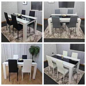 Dining White Black Wood Table and 4 Leather Chairs Dining Room Set - Picture 1 of 9