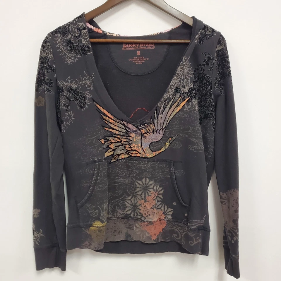 Sudadera con capucha bordada asiática vintage Lucky Brand para mujer Y2K talla M patinador grunge Foto 1 de 4