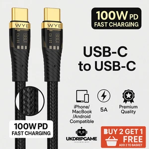 100W USB-C to USB-C Charger Cable 1M | 5A Gold Tip Braided for Samsung, MacBook - Picture 1 of 26