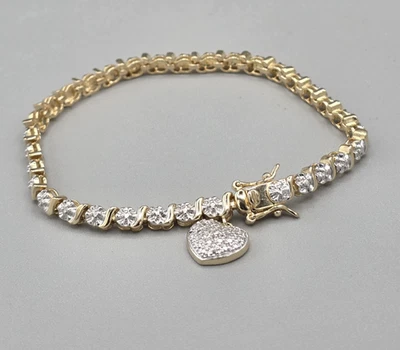 Серебро 925 золото Vermeil кубический цирконий CZ теннисный браслет w сердце подвеска - Изображение 1 из 4