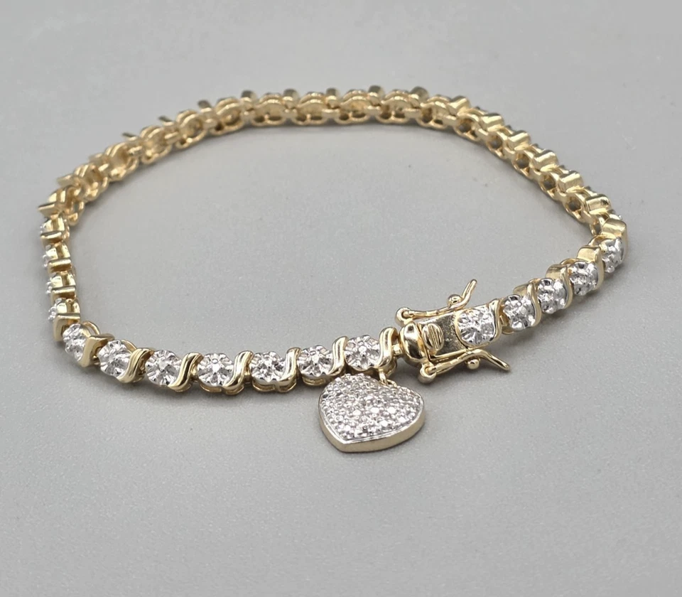 纯银 925 金 Vermeil 方晶锆石 CZ 网球手链 带心形饰品 — 第 1/4 张图片