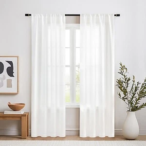 2 Panels Rustic Semi Sheer Linen Textured Window Drapes Living Room Boho Decor - Picture 1 of 41