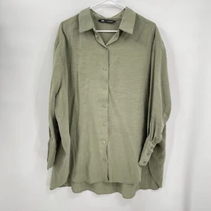 Zara Oversized Olive Green Button Front Long Sleeve Shirt Tunic Relaxed Size M - Picture 1 of 8