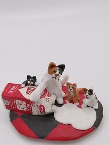 Cute Kittens with spilled Milk handmade of clay signed L. Williams amazing!