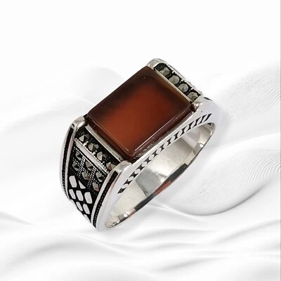 Genuine 925 Sterling Silver Men's Ring With Marcasite And Red Agate Gemstone - Image 1 of 4