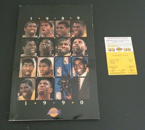 LOS ANGELES LAKERS Media Guide 1989 1990 Vintage MAGIC JOHNSON + Ticket Stub NBA Cover