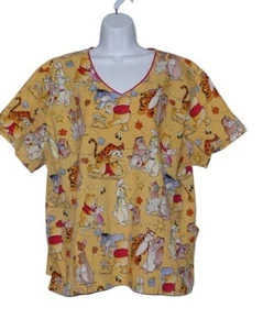 DISNEY Women Scrub Top Yellow 3X Winnie The Pooh V-Neck Short Sleeve Pockets - Picture 1 of 14