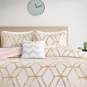 Comforter Set Ultra Soft All Season Lightweight Full/Queen Geometric Blush/Gold - Picture 1 of 12