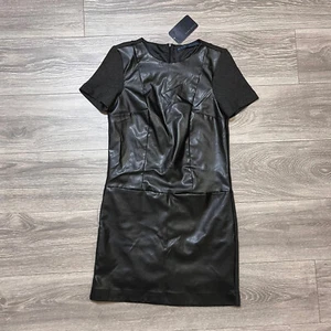 ZARA Black Gray Knit Faux Leather Short Sleeve Mini Shift Dress LBD New Women XS - Picture 1 of 11