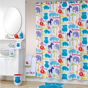 Colorful Kids SAFARI ANIMAL Fabric Shower Curtain Child 70x71 Hippo Lion Giraffe - Picture 1 of 2