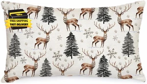 Winter Pillow Cover 12X20 Inch Reindeer Trees Snowflake Decoration Holiday Farmh - Picture 1 of 7