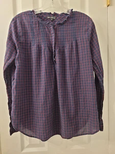 J. CREW MERCANTILE NAVY & RED 1/3 BUTTON L/S SHIRT TOP W RUFFLE COLLAR SZ 6 EUC - Picture 1 of 3