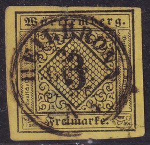 GERMANIA WURTTEMBERG FRANCOBOLLO / ANNULLO "HEILBRONN" sul 1850 3 Kr - Foto 1 di 2