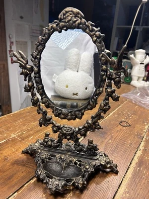 Vintage Vanity Dresser Mirror Swivel Stand Antiqued Brass Ornate Roses Birds - Image 1 of 4