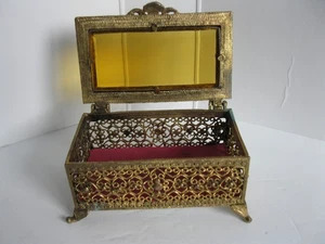 Vintage Mid Century Filigree Jewelry Trinket Box Beveled Amber Glass Lid HEARTS - Picture 1 of 11