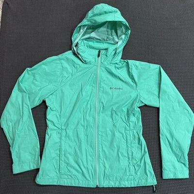 Chaqueta cortavientos Columbia para mujer con capucha verde azulado talla M nailon ligera Foto 1 de 4