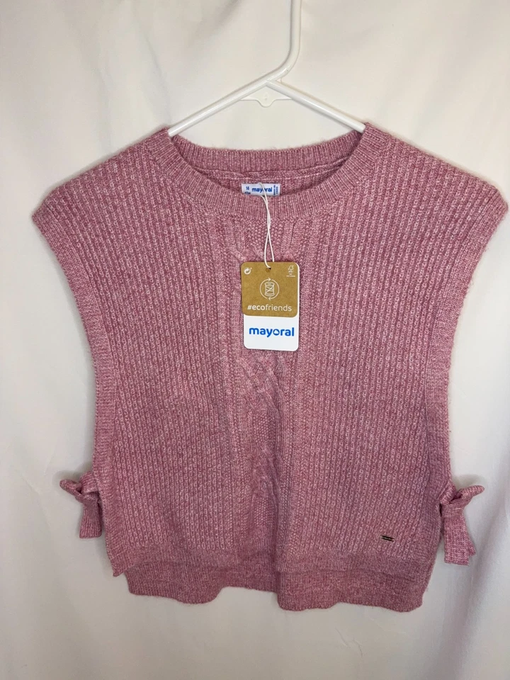 Nuevo con etiquetas Mayoral Niñas Rosa Suéter Chaleco Cable Tejido Brillo Talla 14 Corbatas Laterales Foto 1 de 4