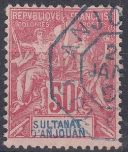 TIMBRE SULTANAT D' ANJOUAN 50c ROSE N° 11 CACHET BLEU OCTOGONAL COL. FR. - Picture 1 of 2