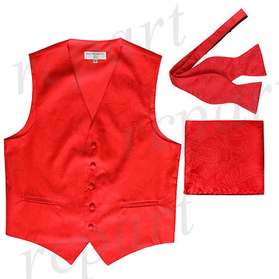 New Men's red vest Tuxedo Waistcoat self tie bow tie and hankie set party prom - Image 1 of 4