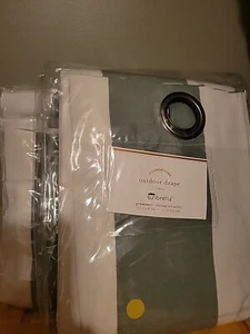 2 Pottery Barn Sunbrella Canopy Stripe Spa/White Stripe Outdoor Grommet Drape - Picture 1 of 2