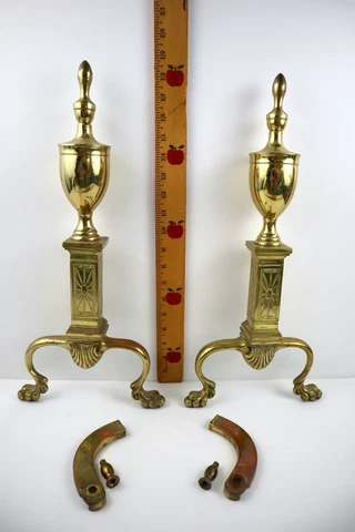 VTG 18" Brass Georgian Style Fireplace Andirons Shell Claw Feet Finial No Billet Cover