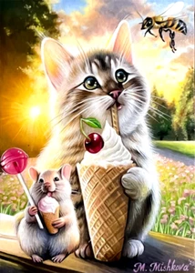 Limited Edition ACEO PRINT Cat Mouse Bee Cute Ice cream Summer  M. Mishkova - Picture 1 of 1